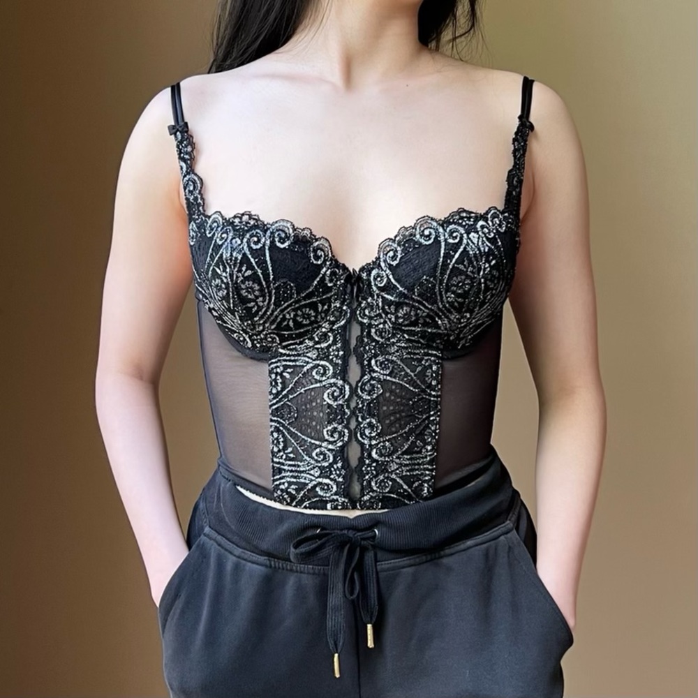 Victoria’s Secret vintage black mesh bustier with silvery embroidery size 34C